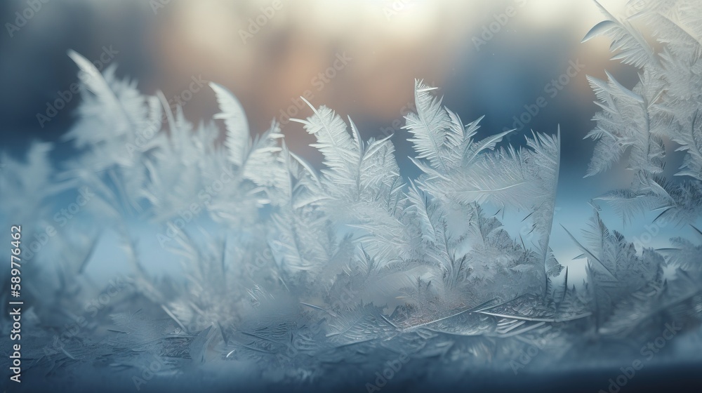 Poster a close up of a frosted window with a blurry background of leaves and grass in the foreground and th