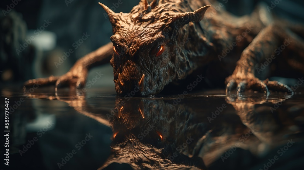 Poster a close up of a statue of a dragon on a surface with water on the ground and a reflection of it on t