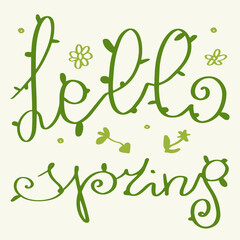 Green sign "hello spring" - Lettering, greeting card.