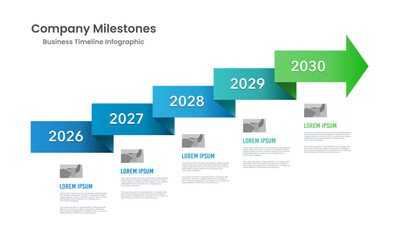 Timeline infographic company roadmap with steps arrow and business expansion. Vector illustration.