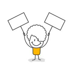 Stick figures. Blank banner. Vector illustration of man holding blank banner. It can be used for presentation, for explanation, as a mascot, for communication, to express emotions.