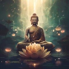 painting buddha statue in the lotus position - obrazy, fototapety, plakaty