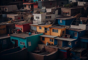 Fototapeta na wymiar Shanty town in Lima, Peru. The once gray houses of the impoverished district of the Peruvian capital Lima shine in all colors. The campaign aims to attract tourists and improve the. Generative AI