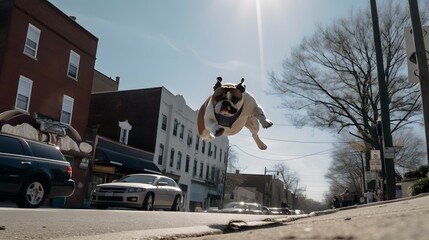 English bulldog jumping on the street. Generative AI