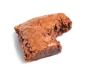 Piece of bitten chocolate brownie isolated on white background