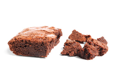 Pieces of tasty chocolate brownie isolated on white background