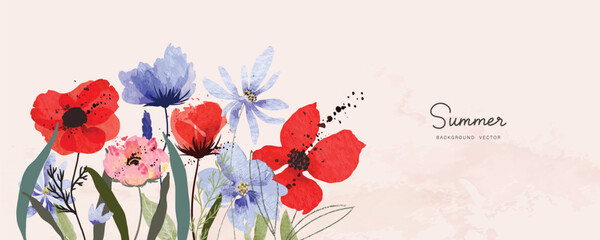 seamless watercolor arrangements with small flower. Botanical illustration minimal style.