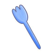 Blue childish fork illustration in cartoon style and pencil texture .With three tines. Cute and minimalistic doodle drawing of tool for eating.