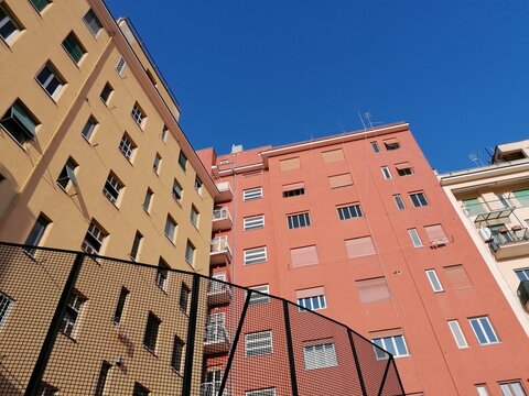 Rome, Italy - March 10, 2022, perspective view of some social housing buildings in the Pigneto district.