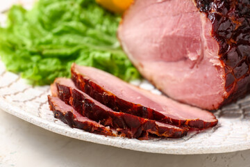 Plate with tasty smoked ham on light background, closeup