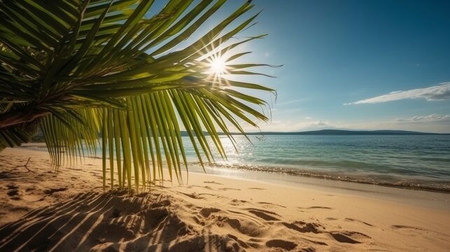 a tropical beach, blue sea, white clouds, sun flare and green palm tree leaves