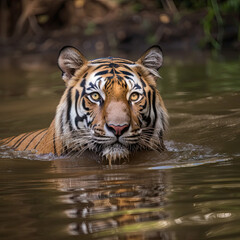 Fototapeta premium Bengal Tiger Swimming in a Water Source. Crafted with Generative AI