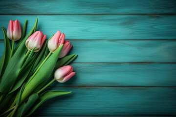 Bouquet of pink tulips on turquoise wooden background. Generative AI