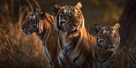 Obraz premium Three Tigers Together at Sunset, Crafted with AI