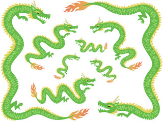 緑色の龍のイラストセット
