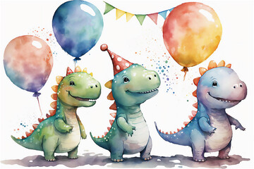 Watercolor illustration of cute dinosaur with colorful balloons. Greeting birthday card,  poster, banner for children. White background. AI generated