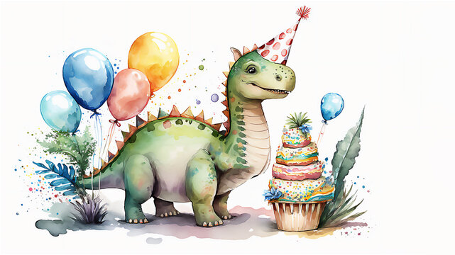 Watercolor illustration of cute dinosaur with colorful balloons. Greeting birthday card,  poster, banner for children. White background. AI generated
