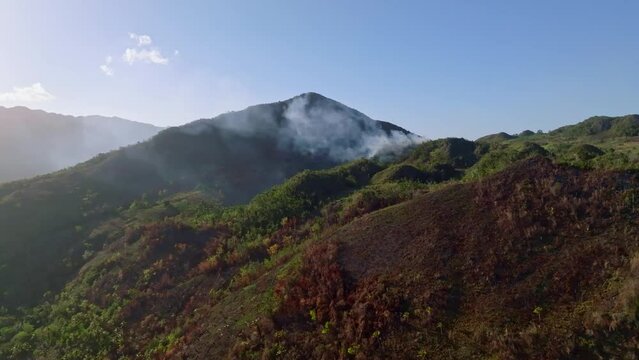 Smoke Coming From Forest Fire At Cabo Cabron National Park In Samana, Dominican Republic. aerial