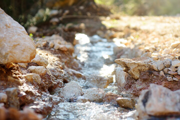 Purest transparent water in a mountain river flowing among the stones. Details of a sunny day in...