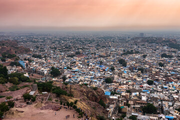 Beautiful top view of Jodhpur city from Mehrangarh fort, Rajasthan, India. Jodhpur is called Blue city since Hindu Brahmis there worship Lord Shiva, whose colour is blue, they painted houses in blue.