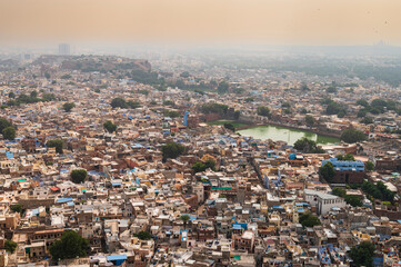 Beautiful top view of Jodhpur city from Mehrangarh fort, Rajasthan, India. Jodhpur is called Blue city since Hindu Brahmis there worship Lord Shiva, whose colour is blue, they painted houses in blue.