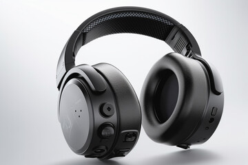 Fototapeta na wymiar A pair of black headphones with a black plastic cover.