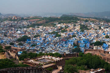 Fototapeta na wymiar Aerial view of blue city, Jodhpur, Rajasthan,India. Resident Brahmins worship Lord Shiva and painted their houses in blue as blue is his favourite colour. Hence the city is named blue city.