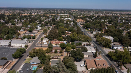 Afternoon aerial view of a suburban neighborhood of Elk Grove, California, USA.
