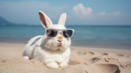 White rabbit wearing sunglasses and sitting at the beach under blue sky with fluffy clouds. Generative AI.