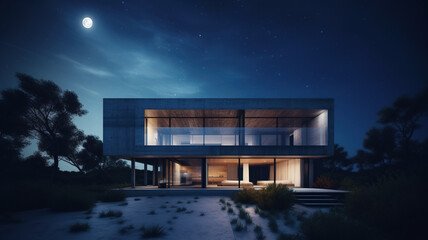 Night scene modern building. Created with Generative AI technology