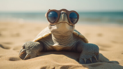 Obraz premium Front view on a sunglass wearing little turtle at the beach as a symbol for summer and holiday. Generative AI.