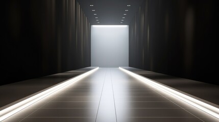 An empty fashion runway with spotlights shining down on the center of the catwalk. Generative AI