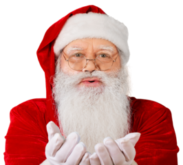 Portrait of smiling santa claus sends an air kiss  on  background