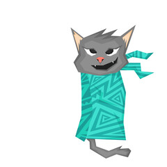 A simple illustration of a cute grey cat wrapped in cloth