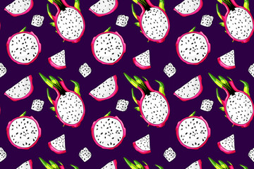 Fresh pitaya slice. Sweet beautiful dragon fruit pattern. Colorful tropical seamless fabric design. Organic pitahaya ingridient