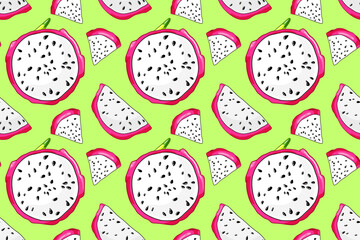 Exotic slices of pitaya seamless pattern. Beautiful sweet dragon fruit. Food illustration summer dessert