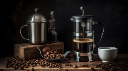 Obraz na płótnie Canvas French press and roasted coffee beans. Generative AI