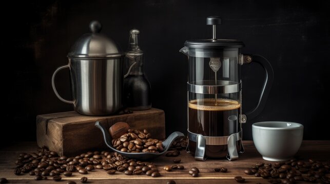 French press and roasted coffee beans. Generative AI