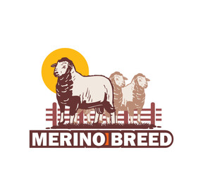 MERINO SHEEP FARM LOGO, silhouette of great sheep breed standing vector illustrations