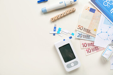 Word DIABETES with medical supplies on beige background. Expensive medicine concept