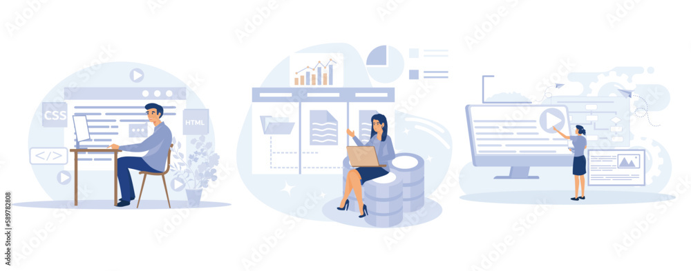 Poster website architecture concept, web development, php and mysql, cms content management system, interfa