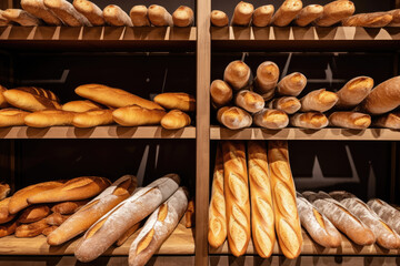 Freshly baked french baguettes in a bakery created using generative AI tools.