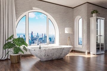 freestanding bath in lightflooded downtown loft apartment; minimalistic interior design; relaxation and spa concept; 3D Illustration