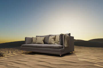 Fototapeta na wymiar lonely living room couch in large desert environment; immersion entertainment movie concept; 3D illustration