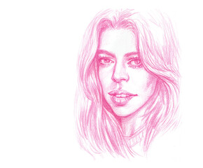 Fototapeta premium portrait of a pink girl pencil color drawing for card illustration background