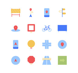 Set of highway and navigation icons, direction, barrier, bicycle, signboard, location, way, viaduct and flat line variety symbols.	
