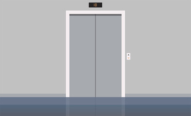 Elevator doors and close cabin entrance with buttons panel, building hallway interior no people, office vestibule, hotel dwelling lobby flat illustration.	
