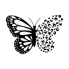 Hand drawn butterfly butterfly with leopard print. Black butterfly silhouette. Vector illustration isolated on white background. Design for invitations, wedding or greeting cards.