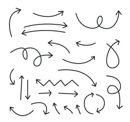 Hand drawn arrows and sketch doodle style curved arrows collection flat  illustration.	
