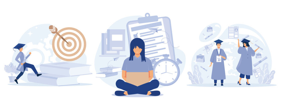 Getting an academic degree concept, Educational trajectory, exams and tests, graduation day, school classroom, exam timetable, test results, set flat vector modern illustration